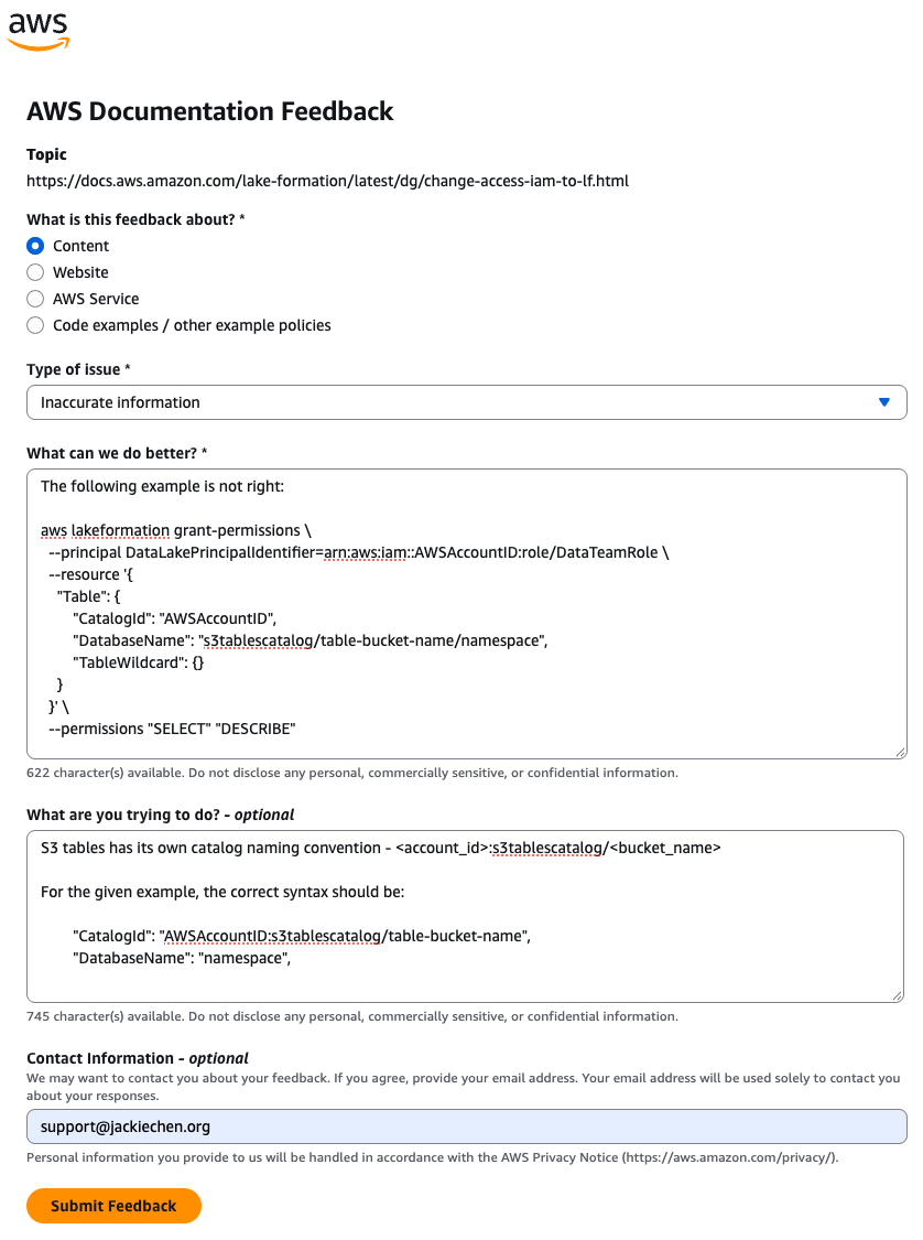 AWS Documentation Feedback form reporting the inaccurate Lake Formation S3 Tables grant-permissions example